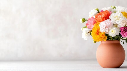 Wall Mural - Colorful flowers in clay vase on light background