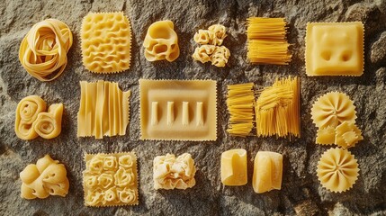 Aufkleber - Various shapes and sizes of pasta arranged on a stone background, showcasing the rich diversity of this traditional dish