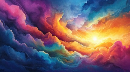 Poster - Vibrant, colorful paint swirling and splashing in water, creating a stunning display of colorful clouds and gradients in fluid motion