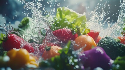 Poster - Water droplets splash across a variety of fresh vegetables, emphasizing their freshness and vitality in a dynamic, colorful scene