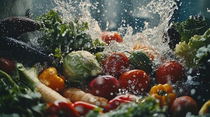 Poster - Water droplets splash across a variety of fresh vegetables, emphasizing their freshness and vitality in a dynamic, colorful scene