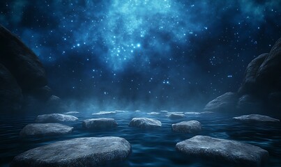 Aufkleber - A serene night scene featuring glowing stars above a calm water surface with scattered stones, creating a mystical and tranquil atmosphere.