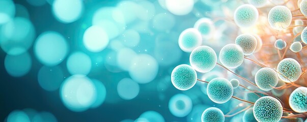 Poster - Marine life microscopic idea. Abstract representation of cells and microorganisms in a vibrant blue background.