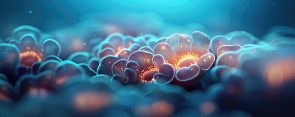 Poster - Coral reefs microscopic concept. Colorful microscopic view of cells showcasing structure and biology in vibrant detail.