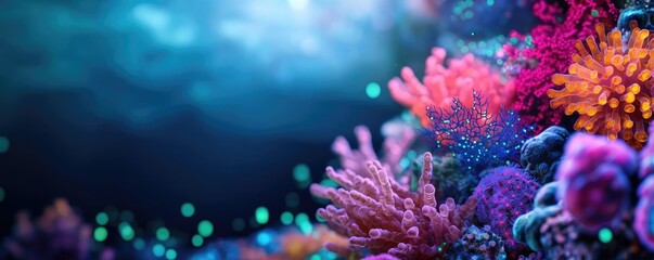 Poster - Marine life microscopic idea. Vibrant coral reef showcasing colorful corals and marine life under the ocean's surface.