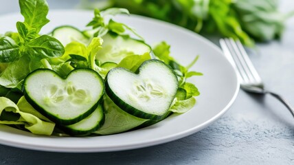 Wall Mural - Heart-shaped cucumber slices on fresh green salad