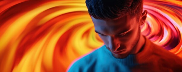 Poster - A young man gazes downward against a vibrant swirling backdrop of orange and yellow, creating a dynamic and emotional atmosphere.