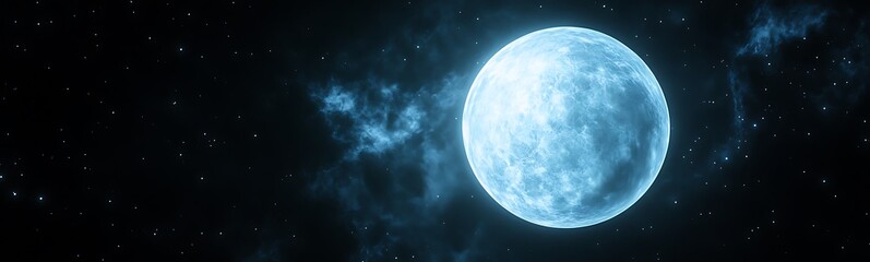 Aufkleber - A luminous blue moon shines brightly in a dark starry sky, surrounded by ethereal clouds and cosmic elements.