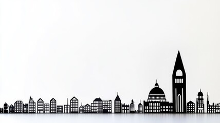 Minimalist black and white city skyline silhouette on background