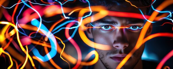 Poster - A close-up portrait of a person with striking blue eyes, surrounded by vibrant, swirling neon lights, creating a dynamic and energetic atmosphere.