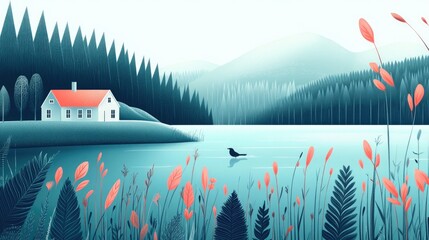 Wall Mural - Tranquil landscape features serene lake, vibrant flora, and cozy