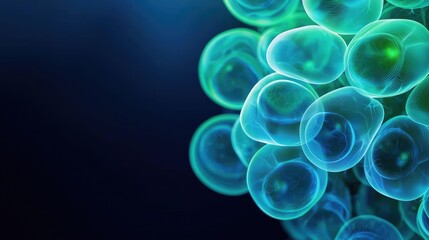 Poster - Microscopic ocean life idea. Close-up view of colorful cells with glowing blue and green colors on a dark background.