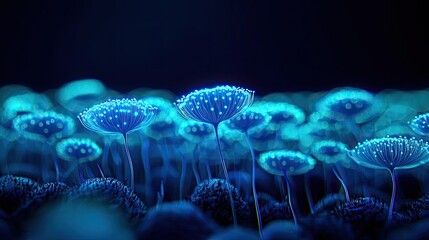 Poster - Microscopic ocean life idea. Illuminated blue mushrooms glisten in a dark environment, creating a mystical atmosphere.