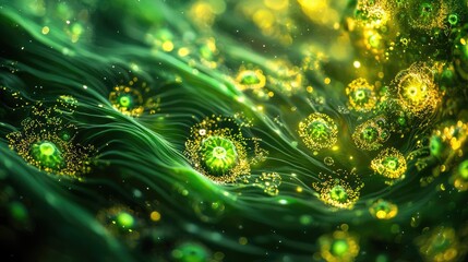 Aufkleber - Microscopic ocean life idea. Abstract green microscopic organisms floating in a vibrant liquid background.