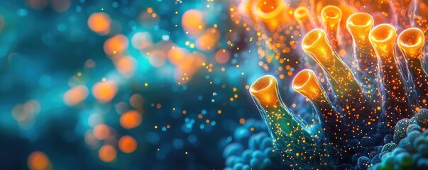 Poster - Microscopic ocean life idea. Colorful microscopic view showcasing intricate cellular structures and processes.