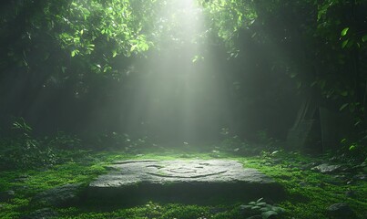 Poster - A tranquil forest clearing illuminated by soft light, featuring lush greenery and a moss-covered stone, creating a serene atmosphere.