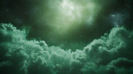 Poster - A mystical green cloudscape illuminated by soft light, dotted with stars, creating an ethereal and otherworldly atmosphere.