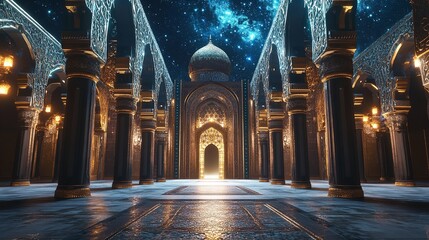 Wall Mural - 3D render of an Arabic themed product display background for advertisement featuring a moon stars and an Arabic lamp