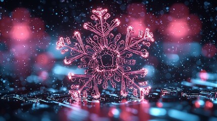 Poster - Glowing digital snowflake, winter bokeh, dark background, festive design