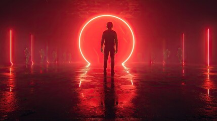 Poster - Red Neon Light Silhouette Person Stands Before Portal
