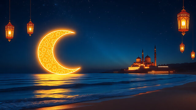Islamic festival background  moon shape at beach with mosque