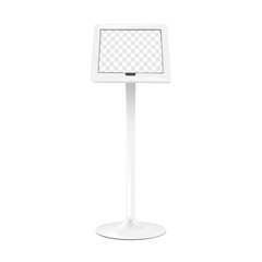 digital tablet holder on metal base with transparent screen front view vector mockup. floor ipad pod