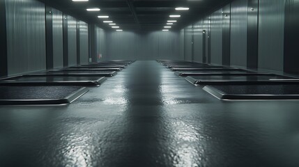 Poster - A dark, industrial hallway with wet floors and illuminated by overhead lights, featuring several empty tables or beds on either side.
