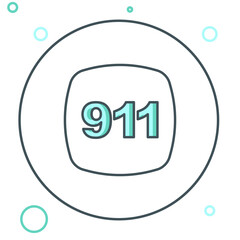 Poster - Line Telephone with emergency call 911 icon isolated on white background. Police, ambulance, fire department, call, phone. Colorful outline concept. Vector
