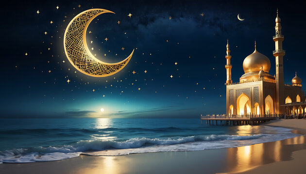 Islamic festival background  moon shape at beach with mosque
