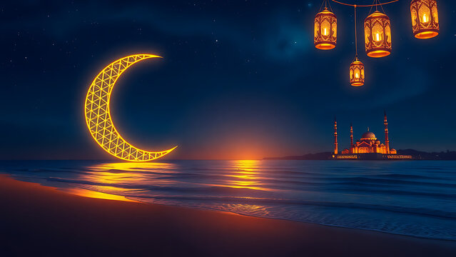 Islamic festival background  moon shape at beach with mosque
