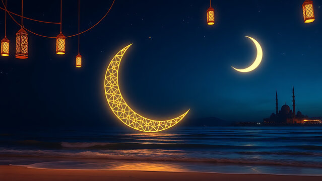 Islamic festival background  moon shape at beach with mosque