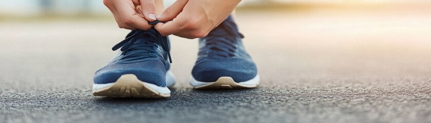  Close-Up of Hands Tying Shoelaces on Blue Running Shoes on Asphalt Surface with Soft Light in Background for Fitness and Sport Themes