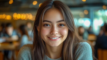 Poster - A young woman in a casual sweater sits smiling with a friendly and confident expression, surrounded by a lively atmosphere
