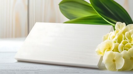 Canvas Print - A blank white card rests on a wooden surface beside delicate white flowers and green leaves