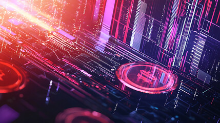 Digital currency network; data streams; futuristic city background; tech concept