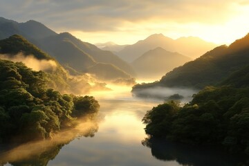 Wall Mural - Sunrise over misty river valley with mountains in background and lush greenery along the waterway