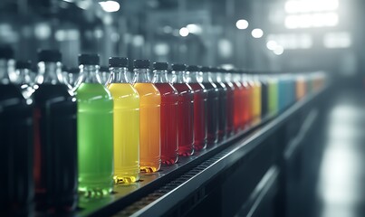 Poster - A vibrant array of colorful bottles filled with drinks on a production line, showcasing various flavors ready for distribution.