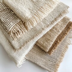 Wall Mural - Textured Neutrals: A stack of woven throws in creamy beige and light brown hues, showcasing various textures and fringed edges.  The neutral color palette creates a serene and sophisticated aesthetic.