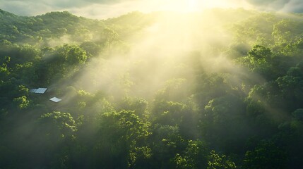 Poster - A serene landscape featuring lush green forests illuminated by soft sunlight breaking through the mist, creating a tranquil and ethereal atmosphere.