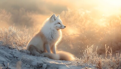 Poster - Minimalistic arctic fox in snowy terrain, clean lines, stark contrast, dreamy soft lighting
