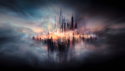 Poster - Abstract nightscape of glowing city lights, dynamic patterns, bold vibrant tones, moody cinematic atmosphere