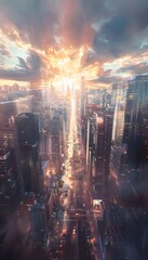 Aufkleber - Retro futuristic urban skyline, glowing neon signs reflecting off glass skyscrapers, vibrant sunset casting rich oranges and purples across the horizon, bustling streets below with motion blur adding