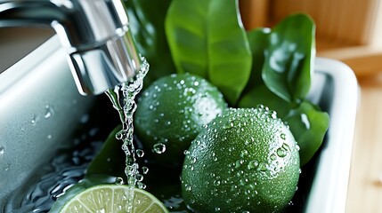 Wall Mural - Fresh limes being rinsed under running water in a stainless steel sink surrounded by leaves