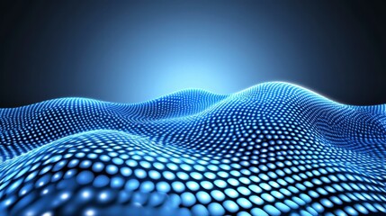 Poster - abstract digital landscape, blue glowing points in a wavy pattern, with a light source from above cr