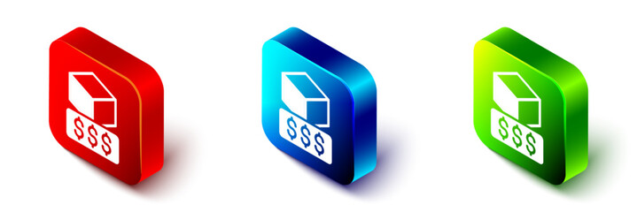 Poster - Isometric 3D printer services icon isolated on white background. 3d printing. Red, blue and green square button. Vector