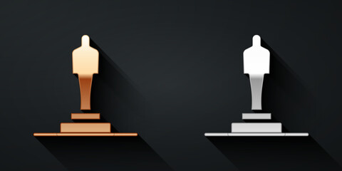 Poster - Gold and silver 3D printer model icon isolated on black background. 3d printing. Long shadow style. Vector