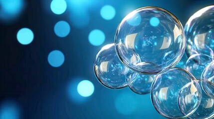 Wall Mural - Abstract digital art featuring a cluster of transparent, iridescent bubbles against a backdrop of softly blurred, glowing blue lights. The bubbles