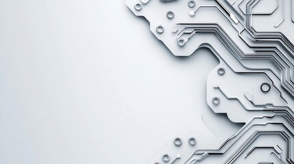 Abstract modern circuit board pattern graphic design, light gray, silver metallic tones, complex network of lines and shapes, three dimensional