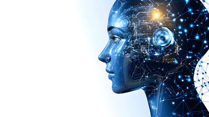 Poster - Robot head with circuit background representing digital transformation in technology and innovation