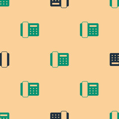 Poster - Green and black Telephone handset icon isolated seamless pattern on beige background. Phone sign. Vector